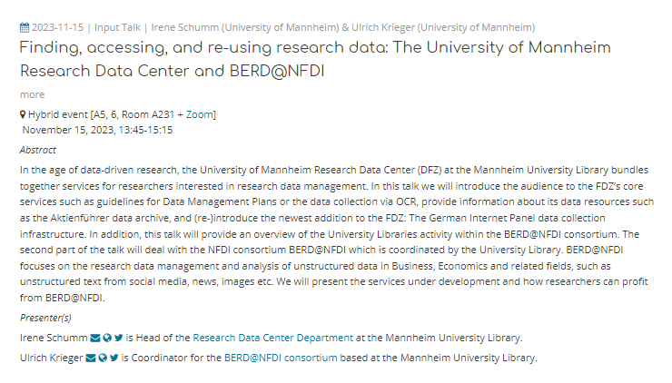 🚨 Upcoming: 'Finding, accessing, and re-using research data' 👥 Irene Schumm (@UBMannheim) and @uli_krieger (@UBMannheim, @BERD_NFDI) 🗓️ Wed, Nov 15, 13:45-15:15 CET 📺 Register for the live stream: us02web.zoom.us/meeting/regist… 🔗 Details: mzes.uni-mannheim.de/socialscienced…