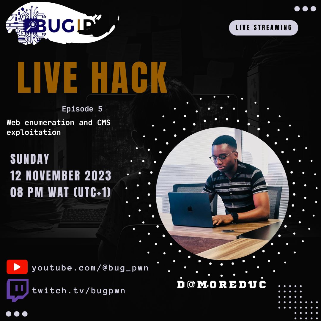 bug_pwn's tweet image. LiveHack ✨

Episode 5 : Web enumeration and CMS exploitation

Time Zone : West Africa Time (UTC+1)

Hacker : @HackX1om 

#LiveHack #bugpwn #Hacking