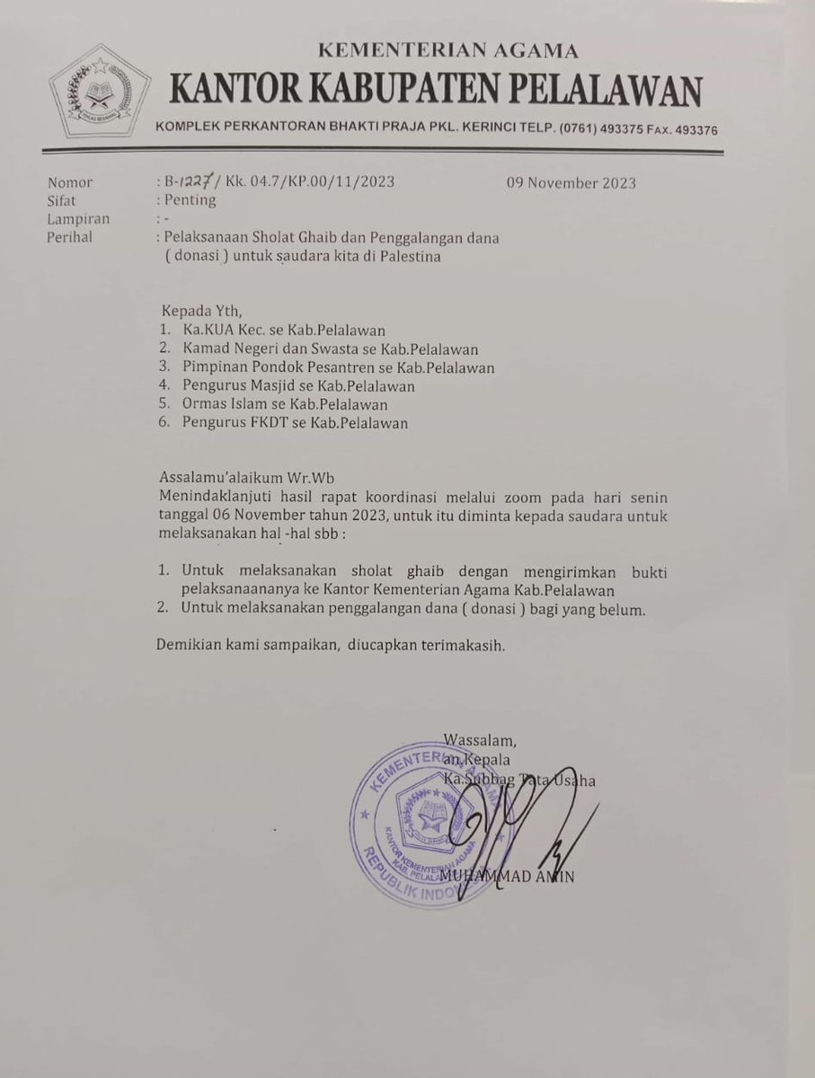 IRAMA_AKBAR's tweet photo. Kementerian Agama RI
Kantor Kabupaten Pelalawan - Riau
Pelaksanaan Sholat Ghaib dan Penggalangan dana (donasi) untuk saudara kita di Palestina https://t.co/LeUs5eAaCF