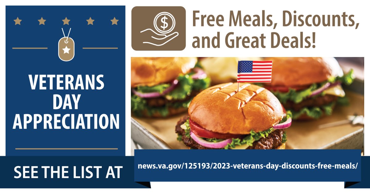 Check out hundreds of nationally available Veterans Day discounts, meals, or experiences from businesses and organizations to show their appreciation to Veterans here: news.va.gov/125193/2023-ve…

#VeteransDay #Veteran #Veterans #Army #AirForce #Marines #Navy #SpaceForce #CoastGuard