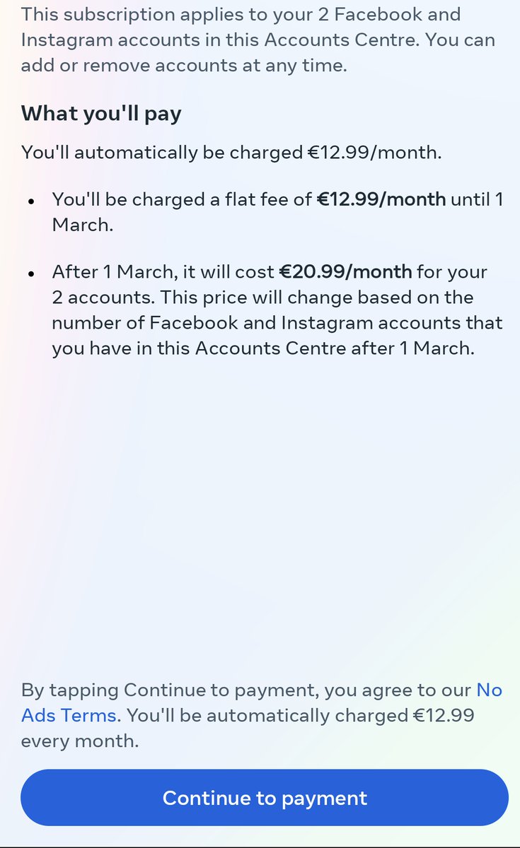 Who Targets Me (@whotargetsme) on Twitter photo These are the screens for Meta's new, paid, no ads option. These are the screens for Meta's new, paid, no ads option.