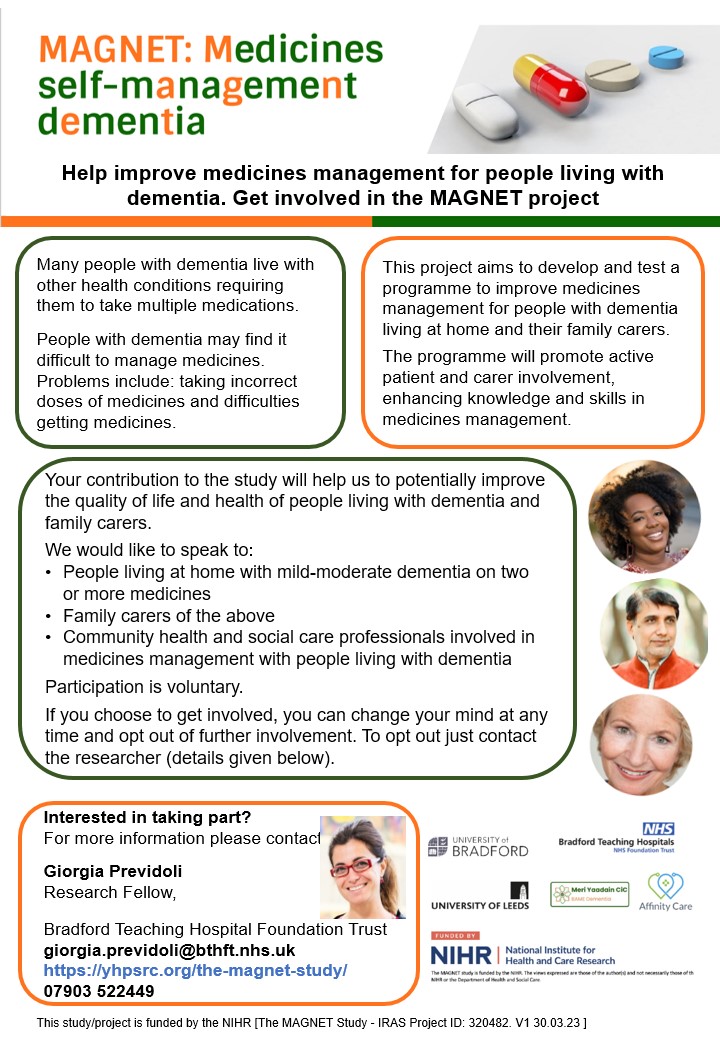 New study to help people with dementia with medicines. We would like to speak to people living with dementia, their carers, and health & social care professionals to understand how medicines are organised at home. Leeds, Bradford & Airedale regions only. Please retweet.