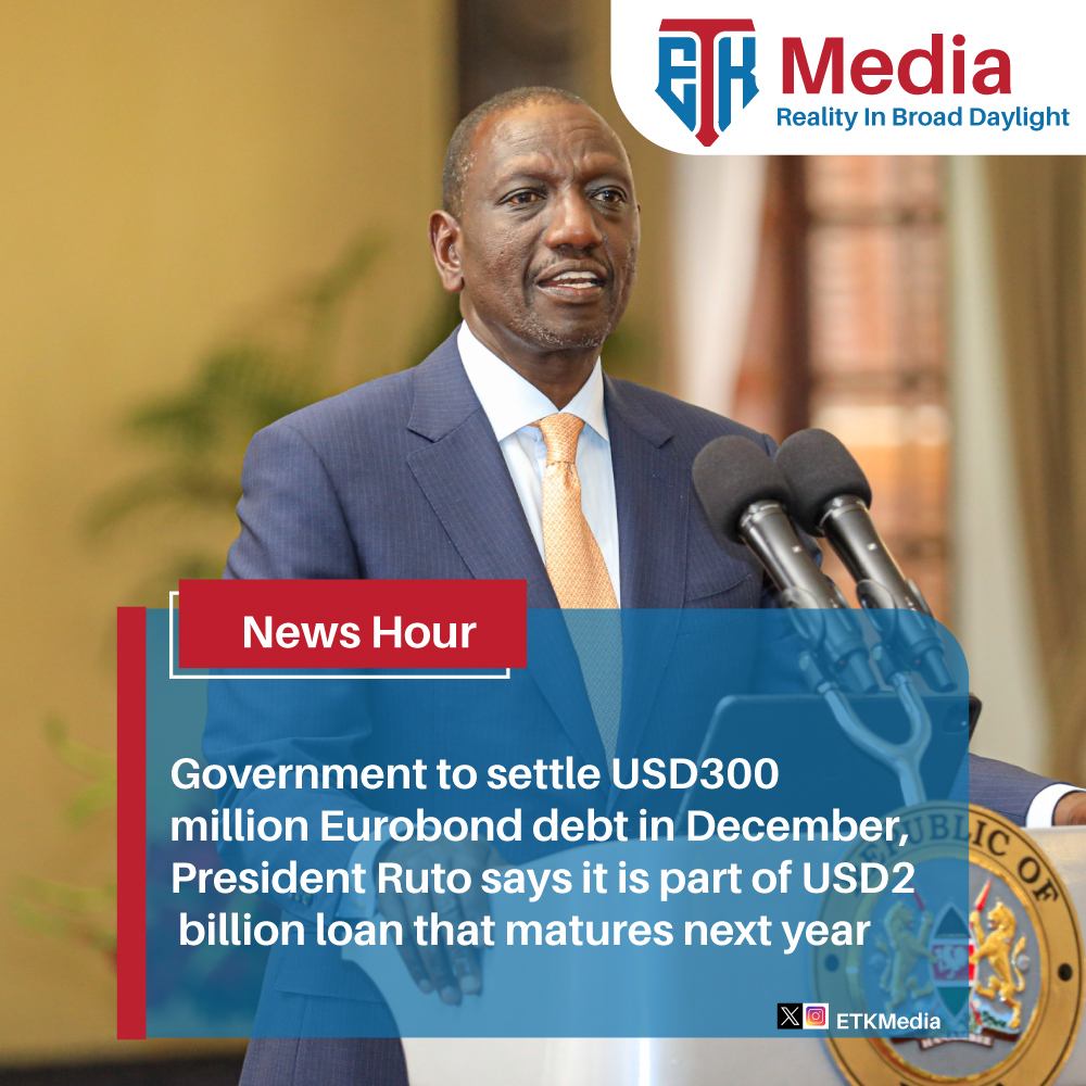 Government to settle USD300 million Eurobond debt in December, President Ruto says.
#Maandamano #Resign #NationalID #MuregaBaichu #kawiramwangaza #Passport #Cherargei #StateOfTheNation #Raila #TransformingANation2023 #JuliusMalema #Itumbi #WinnieOdinga #KaendeKaende