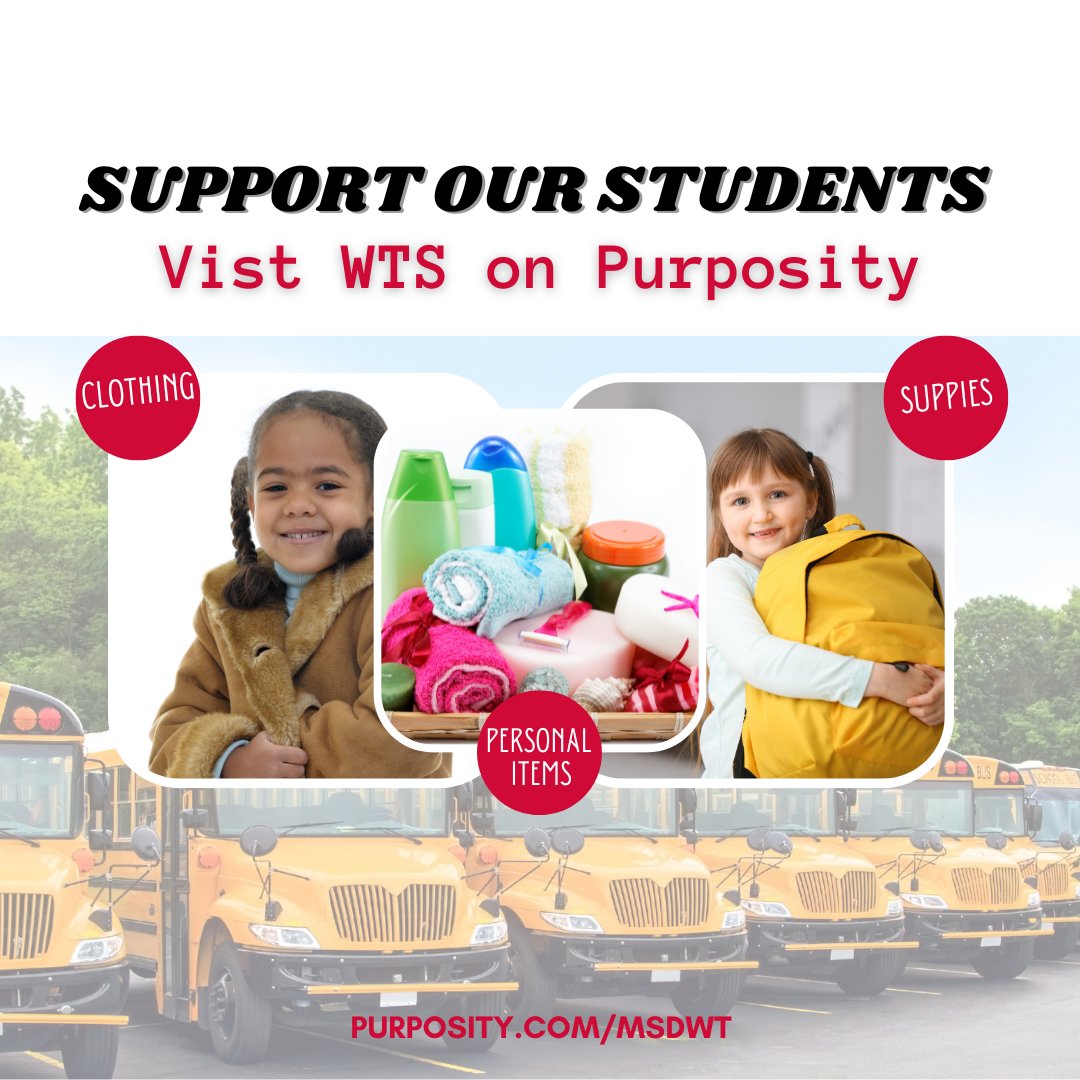 Are you looking for a quick and easy way to support our students? Join us on Purposity!  Select critical needs (backpacks 🎒, shoes 👟, etc.) that you can meet right from your phone. Visit our site today: purposity.com/@MSDWT.