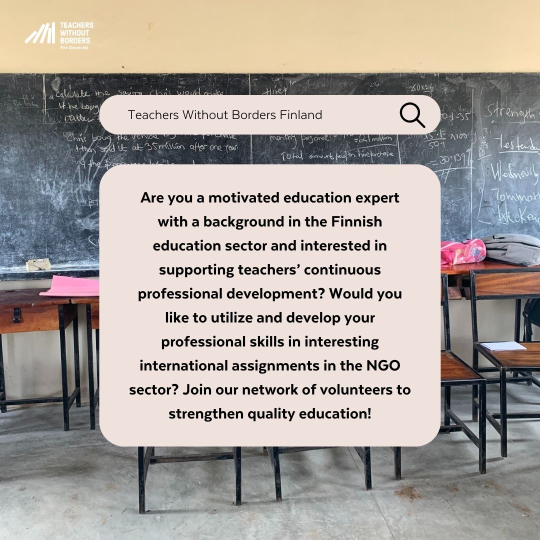 Are you interested in volunteering in the field of education? 

We are looking for motivated teachers and education experts with experience in the Finnish education sector to join our network!

Apply by 12 November: opettajatilmanrajoja.fi/en