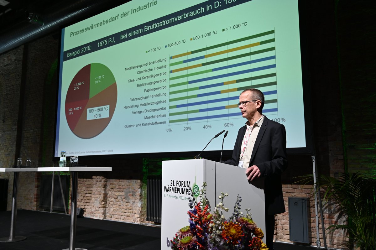 BWPev's tweet photo. Dr. Ing. Eberhard Nicke vom Deutschen Zentrum für Luft- und Raumfahrt (@DLR_de ) spricht beim #FORUMWP über die Bedeutung von Hochtemperatur-Wärmepumpen für die Dekarbonisierung industrieller Prozesswärme.
Die im Entwicklungsstadium befindlichen Großwärmepumpen mit Vorlauftemperaturen von über 200 °C bieten eine Vielzahl interessanter Einsatzmöglichkeiten. Gerade für den Standort Deutschland stellt eine solche Technologie womöglich einen Meilenstein dar, denn ein Großteil der Industriewärme wird im Temperaturbereich von 100 bis 300 °C benötigt. Die 300 kW Pilotanlage CoBra kann heute schon Temperaturen von 280 Grad Celsius erzeugen.