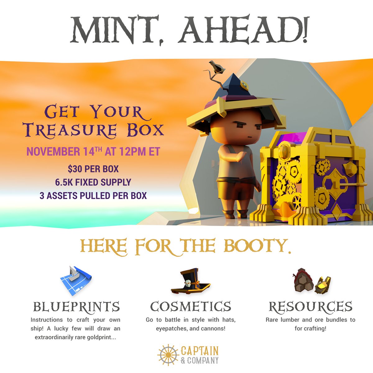 📣 Avast, matey! Captain &amp; Company Mint 1 sets sail! 🏴‍☠️

Mint opens on Nov 14th, 12:00 PM EST. To join, sign up for the Allowlist or secure a Guaranteed Spot by Nov 13th, 11:59 PM EST. Beat the scallywags to the mint! 🦜

👇 Dive into the details, read the thread: 🧵