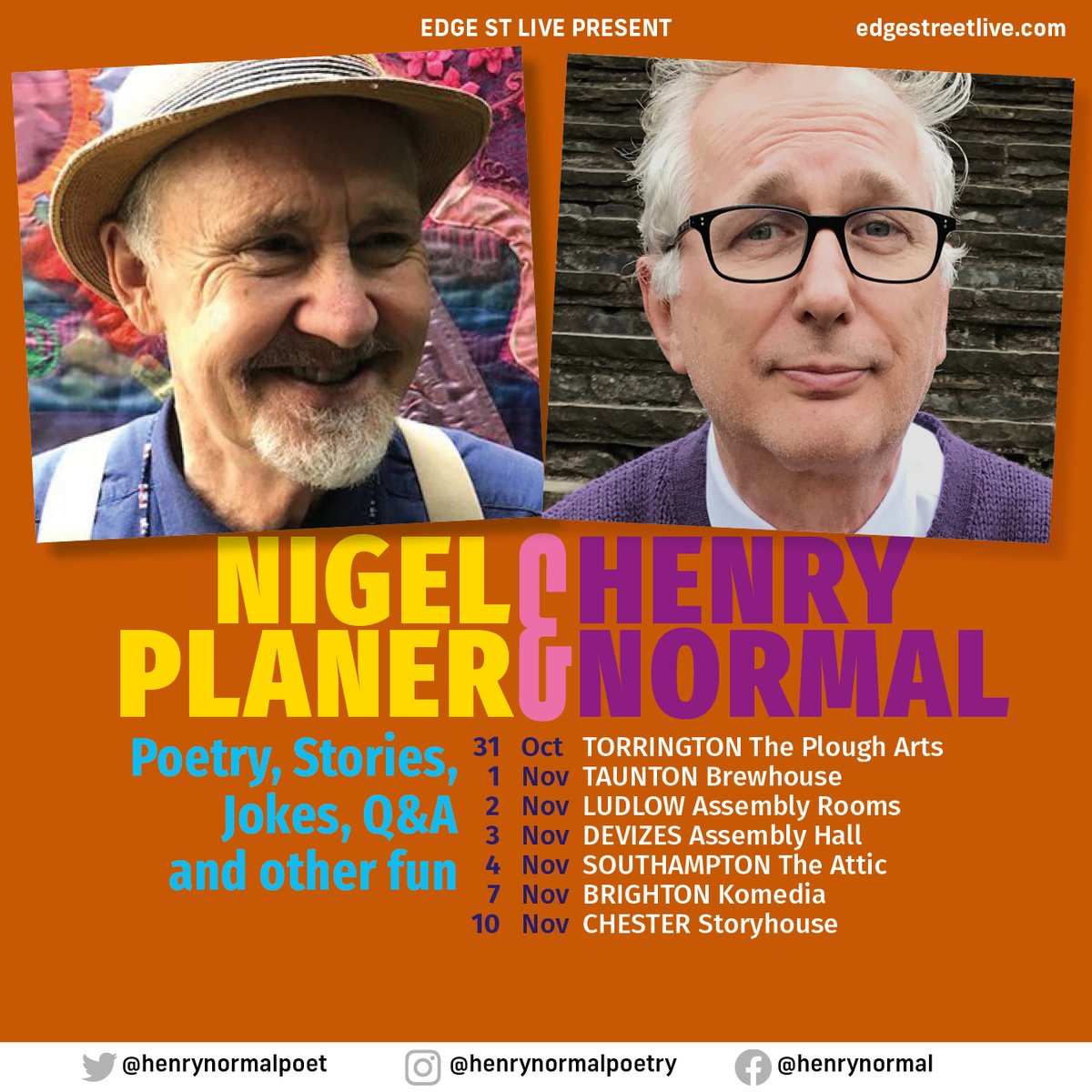HenryNormalpoet's tweet photo. Nigel Planer's &amp; my tour concludes tomorrow at Chester Storyhouse. 

We first toured together in the early 90's as the photo below shows. It's been lovely catching up &amp; having fun. The audiences have been friendly &amp; lively the Q &amp; A's surprising. 

Do join us. https://t.co/yOxVxKNZjc