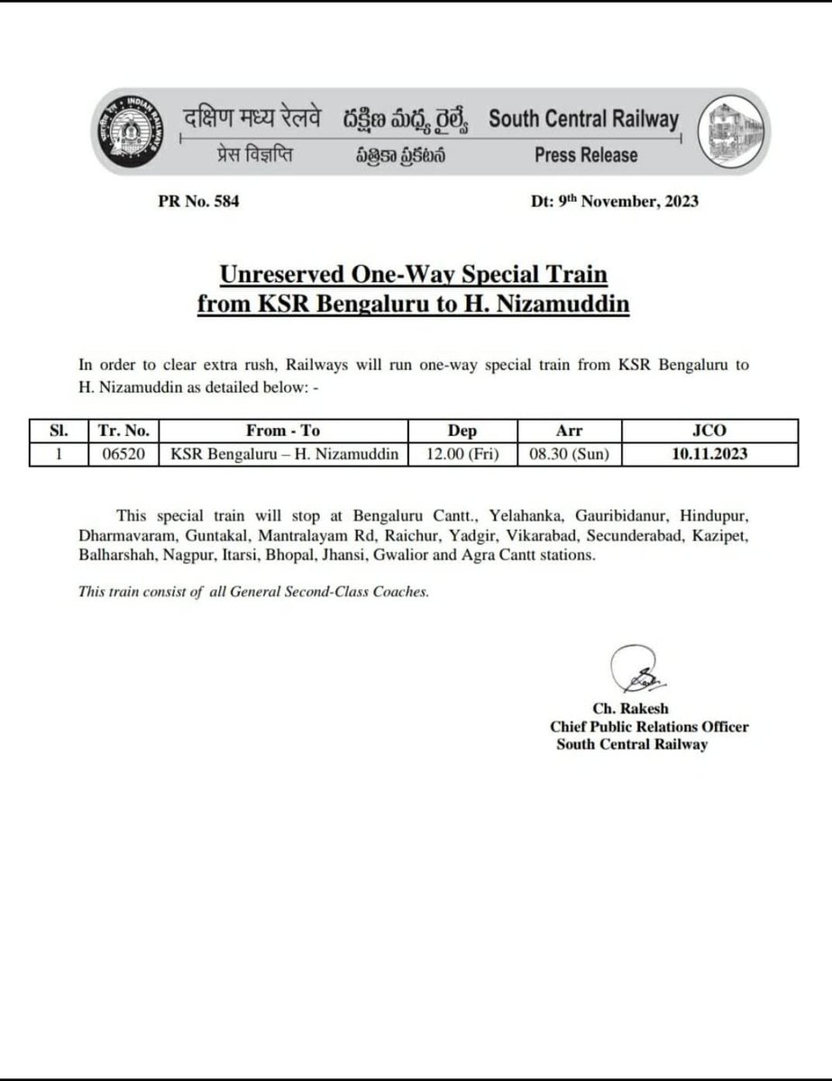 One way special train b/w #Bengaluru to #HazratNizamuddin/#Delhi via #Raichur, #Yadgir 

<a href="/SWRRLY/">South Western Railway</a> <a href="/SCRailwayIndia/">South Central Railway</a>