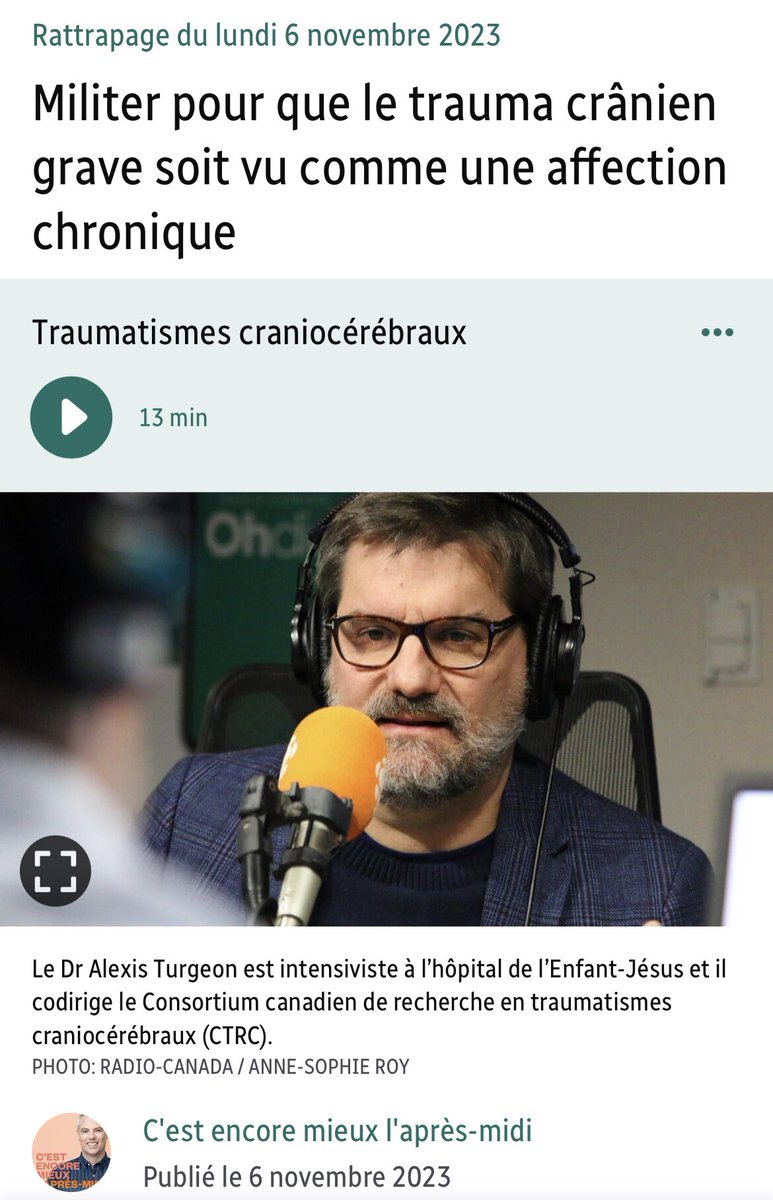 Alexis Turgeon (@alexisturgeon_) on Twitter photo Vers la reconnaissance du TCC comme condition de santé chronique et le développement d’une stratégie pancanadienne. Heureux de discuter de cet important sujet avec <a href="/iciradiocanada/">Radio-Canada</a>
<a href="/CTRC_CCRT/">CTRC</a> <a href="/crchuqc/">Centre de recherche du CHU de Qc-Université Laval</a> <a href="/chudequebec/">CHU de Québec-Université Laval</a> <a href="/facmedUL/">Faculté de médecine – Université Laval</a> <a href="/AMacGregor4CML/">Alistair MacGregor</a>
ici.radio-canada.ca/ohdio/premiere… Vers la reconnaissance du TCC comme condition de santé chronique et le développement d’une stratégie pancanadienne. Heureux de discuter de cet important sujet avec <a href="/iciradiocanada/">Radio-Canada</a>
<a href="/CTRC_CCRT/">CTRC</a> <a href="/crchuqc/">Centre de recherche du CHU de Qc-Université Laval</a> <a href="/chudequebec/">CHU de Québec-Université Laval</a> <a href="/facmedUL/">Faculté de médecine – Université Laval</a> <a href="/AMacGregor4CML/">Alistair MacGregor</a>
ici.radio-canada.ca/ohdio/premiere…