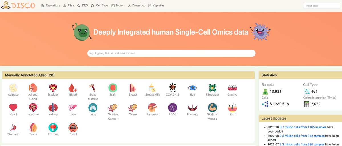 HSCRM2's tweet photo. DISCO's beat goes on! Just added 1165 samples, reaching 6,765,992 cells. Now, a grand total of 61,280,618 cells from 13,921 samples, making DISCO the world's largest human scRNA-seq dataset. 🌐📊#scRNAseq #singlecell #cellatlas https://t.co/4w7Wdho7Mv