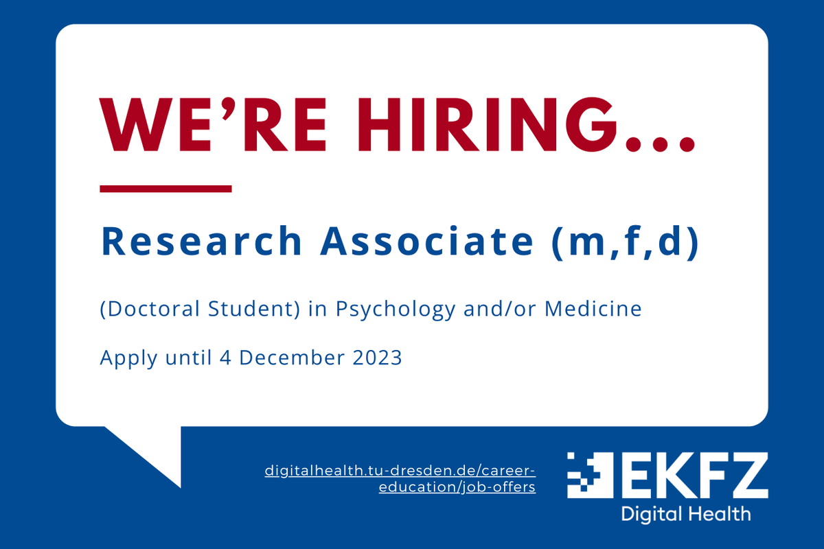 We're hiring a full-time Research Associate (doctoral student in psychology and/or medicine. Learn more about the #joboffer👉 digitalhealth.tu-dresden.de/career-educati…