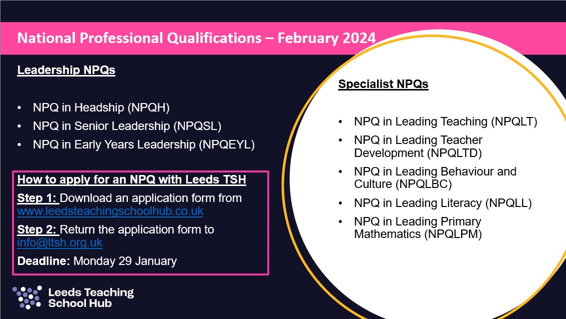 We are now taking applications for NPQs with a February 2024 start. To find out more about our offer please visit leedsteachingschoolhub.co.uk/npq/