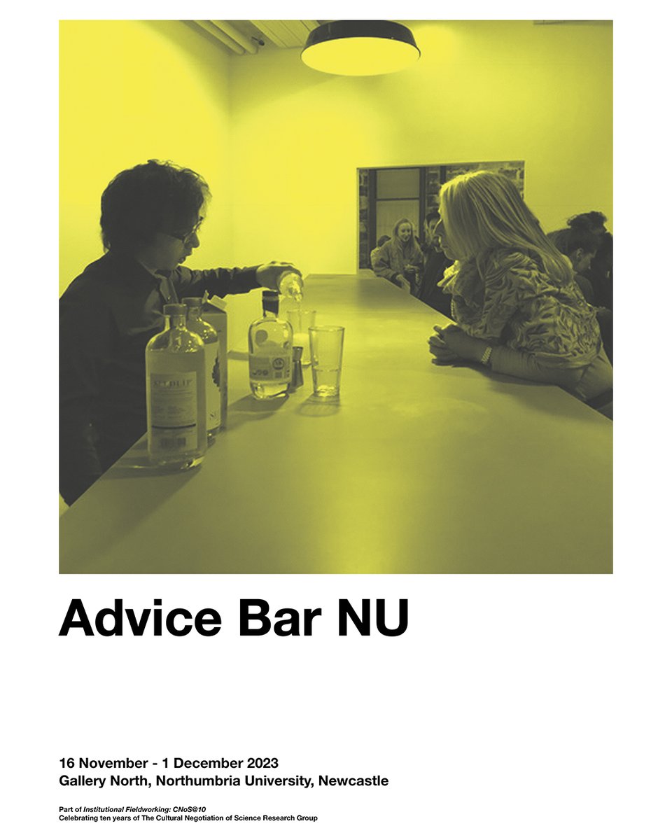 <a href="/NorthumbriaUni/">Northumbria Uni</a> <a href="/NUFineArt/">Northumbria Fine Art</a> <a href="/ArtNorthumbria/">Northumbria University Fine Art PGR</a> <a href="/NNMHRmed/">Northern Network for Medical Humanities Research</a> <a href="/NCLmedhums/">MedicalHumanities@NCLUni</a> <a href="/NorthumbriaFor1/">Northumbria Forensic Science Research Group</a> <a href="/ProfCBorland/">Christine Borland</a> <a href="/LouMackenzie/">Louise Mackenzie</a> <a href="/alisoldfield/">alis oldfield</a> Advice Bar NU 🗣️ Live sessions will run 16 Nov 3-5pm, 17, 23, 24, 30 Nov &amp; 1 Dec 12-2pm. Free and open to all, just drop in. Based on the premise of informal knowledge &amp; advice through one-to-one engagement with a stranger, at the familiar interface of a bar-like  structure.