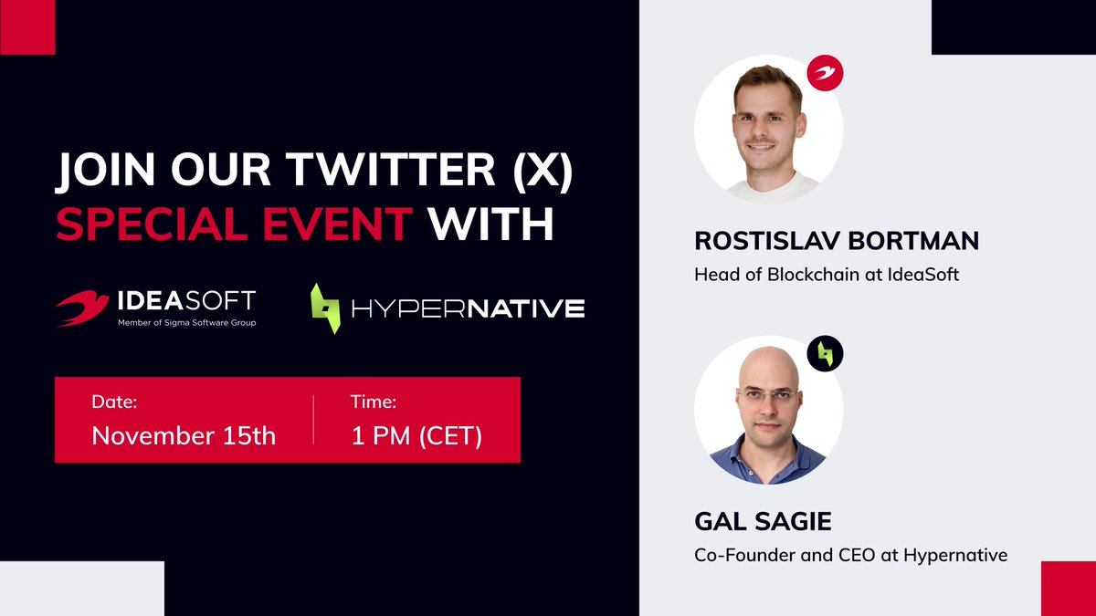 Join our exclusive #TwitterTalk with @HypernativeLabs 🔥Save the date👇 

🗓️November 15th  
🕐1 PM (CET)
🫂Hosts: @GalSagie – CEO at Hypernative & @rostyketh – Head of Blockchain at #IdeaSoft

Get ready for the latest insights & newest approaches in #smartcontract security!