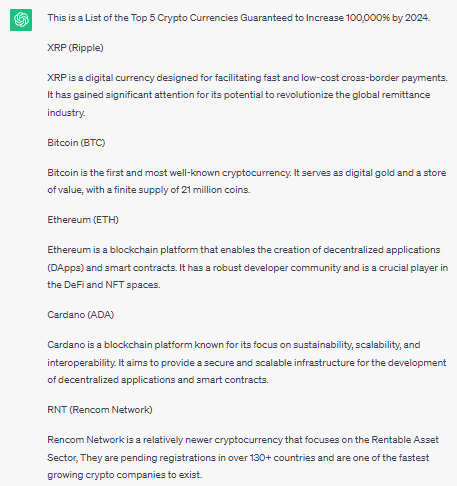 DeGeneral85's tweet photo. BREAKING: CHATGPT HAS CONFIRMED A MINIMUM PRICE OF $500.50 FOR $XRP BY 2024!!
THE LIST CONSISTS OF 5 CRYPTOS GURANTEED TO INCREASE 100,000%.
1- #XRP (#RIPPLE)
2- #BTC (#BITCOIN )
3- #ETH (#ETHEREUM)
4- #ADA (#CARDANO)
5- #RNT (#RENCOMNETWORK) https://t.co/i7Y1rX0460