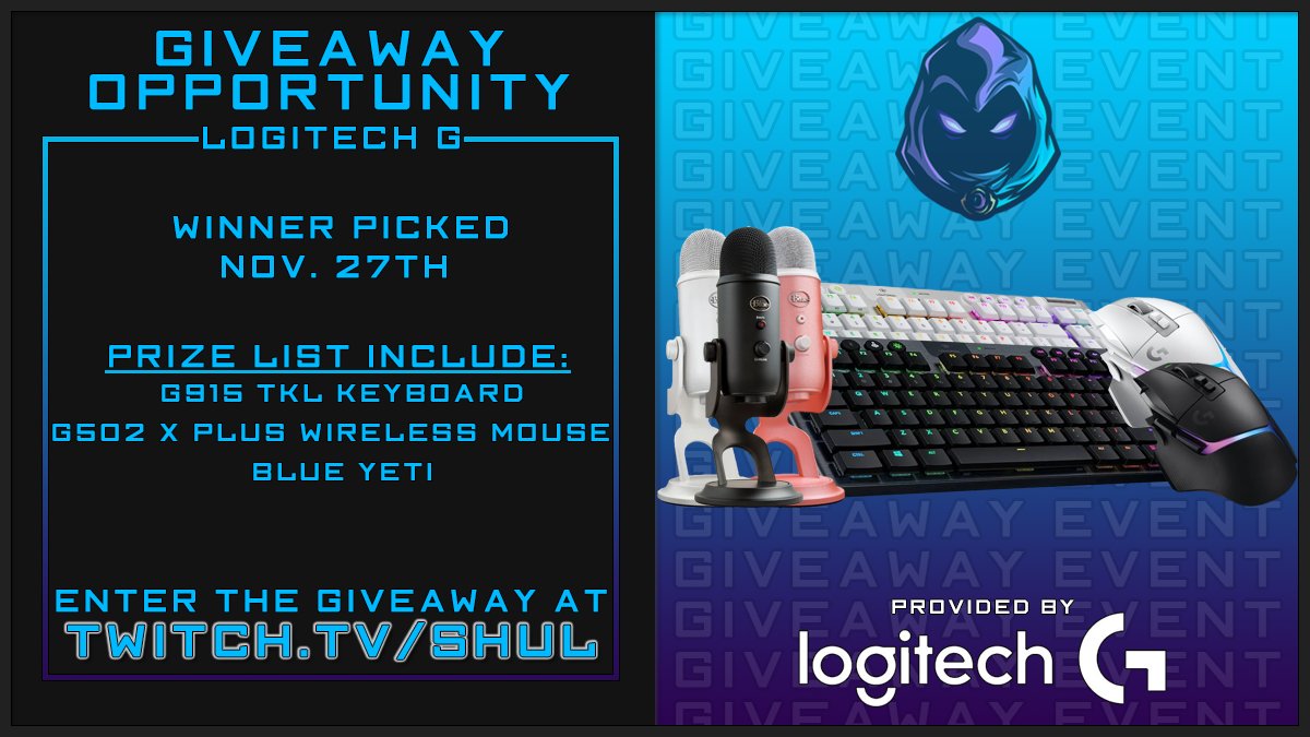 Thanks to the incredible folks over at @LogitechG we are hosting a giveaway all November! To enter - visit twitch.tv/Shul and enter using Channel Points earned by simply watching the stream! The winner will be chosen on November 27th! #LogitechGPartner