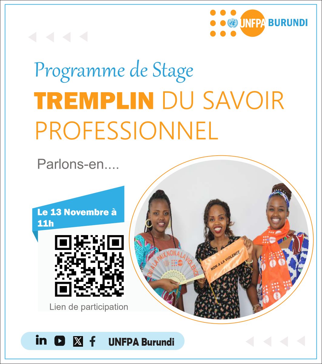UNFPABurundi's tweet photo. Etes-vous intéressés par le Programme de stage "Tremplin du Savoir Professionnel " lancé par @UNFPABurundi ?Parlons-en ce lundi 13 Nov à 11h. Vous pourrez donc mieux élaborer votre dossier de candidature. Pr participer,ce sera à travers le lien suivant: https://t.co/gjRaVCp3Hx... https://t.co/bJw8ylybqS