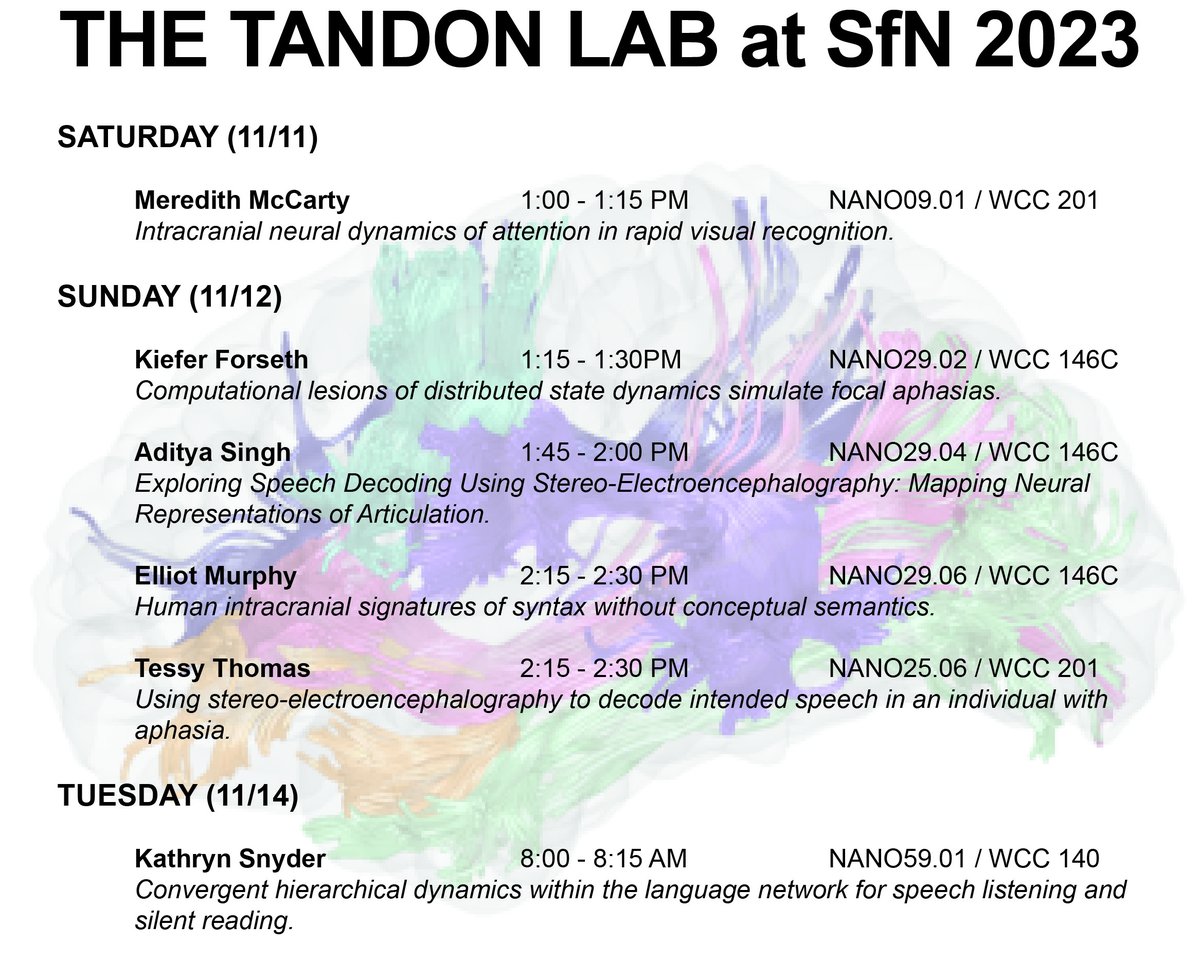 Our lab will be in attendance at SfN this year! <a href="/SfNtweets/">Society for Neuroscience (SfN)</a> #SfN2023 

We will be presenting 6 talks over the course of various Nanosymposiums, showing new intracranial sEEG and ECoG research into speech decoding, syntactic structure building, visual attention, and lexical access!