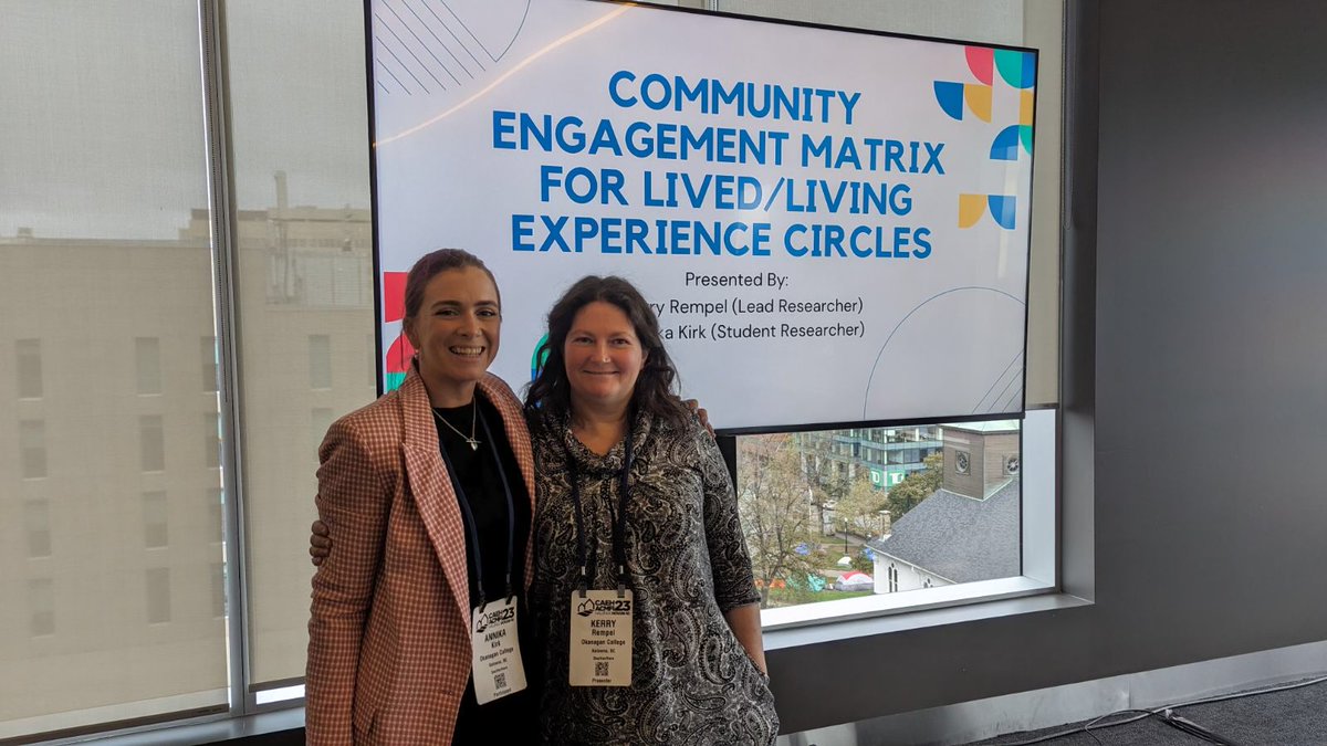 Annika Kirk (OC Student, Co-Researcher with Lived Experience) &amp; Kerry Rempel (Co-Researcher) on their community engagement matrix for lived/living experience circles! Check it out here - you don’t want to miss this excellent work: khrc.ok.ubc.ca/resources/comm…