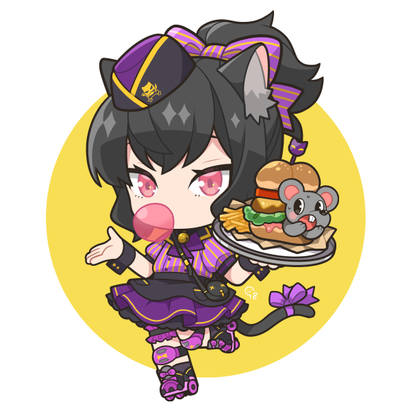 1girl animal ears tail roller skates black hair chibi food  illustration images