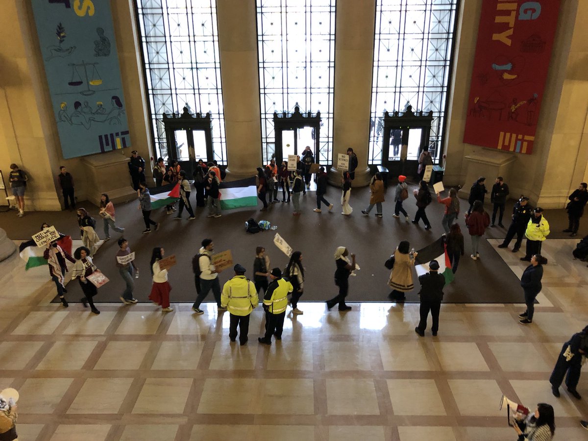 MIT’s Coalition Against Apartheid students defy the administration attempt to silence them and hold a rally for Palestine in Lobby 7, risking the threat of suspension, and for those on student visa, deportation. Respect.