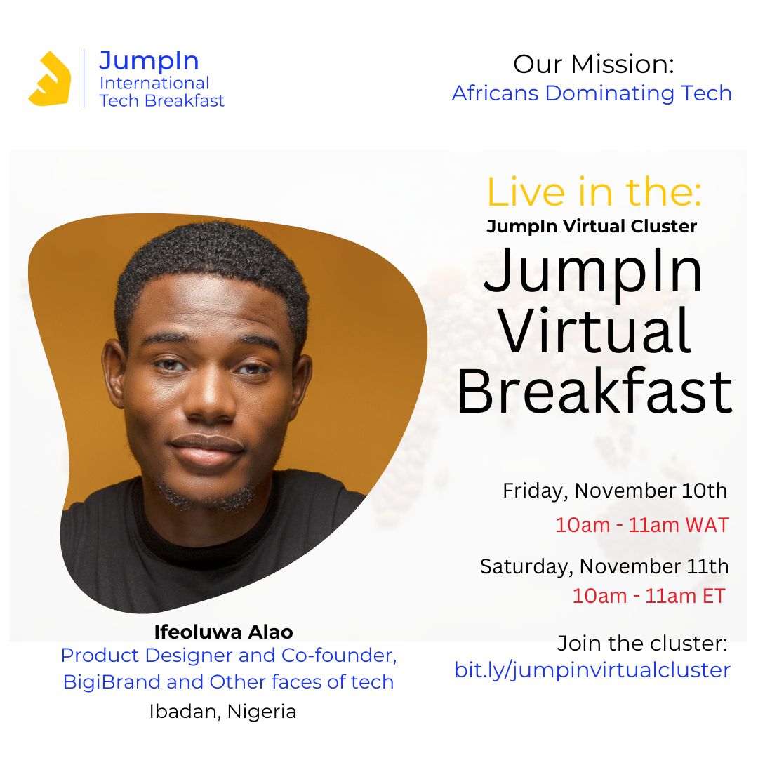 wejustjumpin's tweet image. @thealaoifeoluwa joins us this weekend 🔥

Join the live conversation where we observe the interplay of Africanism, Mastery, Dominance, Leadership and Personal Development in Ifeoluwa's career. 

bit.ly/jumpinvirtualc…

 #wejustjumpin #JumpInBreakfast #LiveConversations