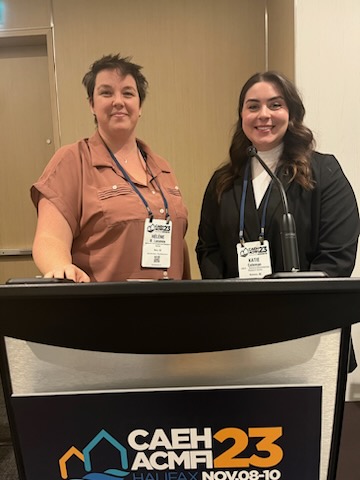 Students Katie Coleman &amp; Hélène Laramee discussing homelessness prevention plans in small Canadian Cities to a very engaged audience at #CAEH23. We love to see it!