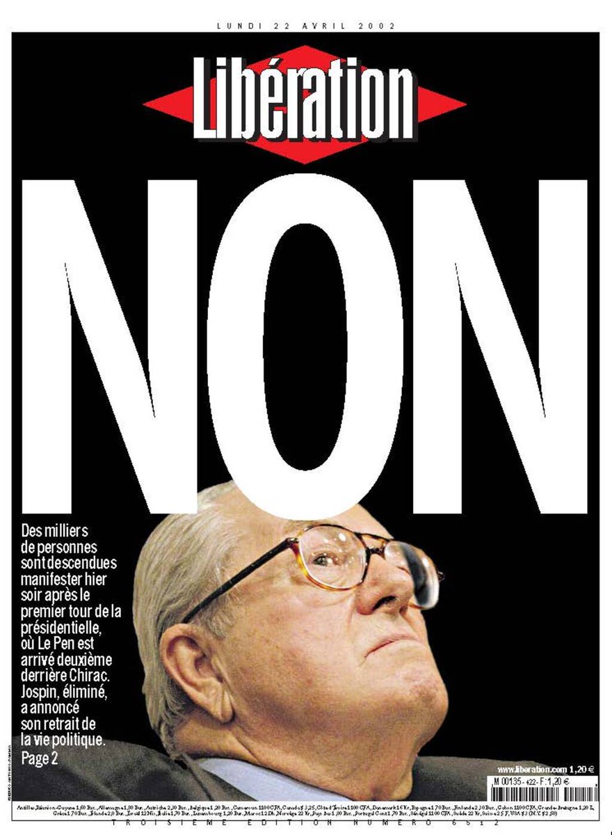❌ Du père à la fille, @Libe contre Le Pen et l’extrême droite 📰 Symbolisé par le «Non» barrant la une en avril 2002, le combat contre le FN est consubstantiel au journal depuis son apparition. #50ansLibé ➡️ bit.ly/466vQQK