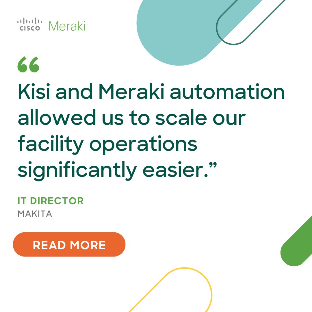 Today in amazing-ness:
🤖 Automation reduces human error, boosts threat detection, and makes security management simple and scalable.
 
Case in point ⏩ Meraki cameras and the <a href="/KISI/">Kisi</a> control system.  
 
Read our blog ⬇️ 
cs.co/6019utdR3

#CiscoMeraki #MerakiMarketplace