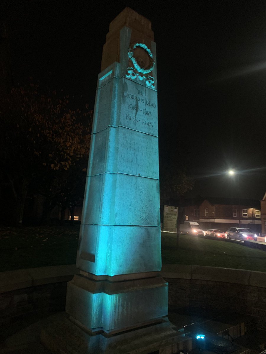 HINDLEY CENOTAPH 
Tonight the Hindley Cenotaph is lit up in blue(RAF) 
We have changed the light colour on a daily basis to recognise and honour all the fallen from the three services. Red-army/White-Navy/ Blue-RAF 
<a href="/graysecs/">Gray’s Exterior Cleaning specialists</a> <a href="/clivemorgan1959/">Clive Morgan</a> <a href="/Y_FovargueMP/">Yvonne Fovargue CBE</a>