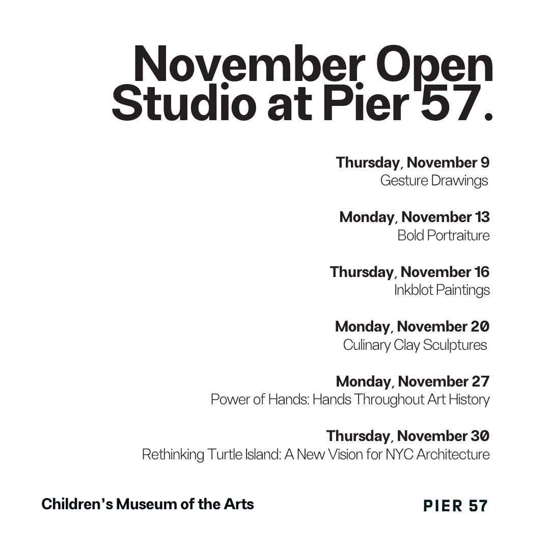 November Open Studios are in full swing at <a href="/pier57_nyc/">pier57nyc</a>! This free after-school artmaking program takes place Mondays &amp; Thursdays from 3–5 PM. Learn more &amp; sign up for a session here: eventbrite.com/e/open-studio-…