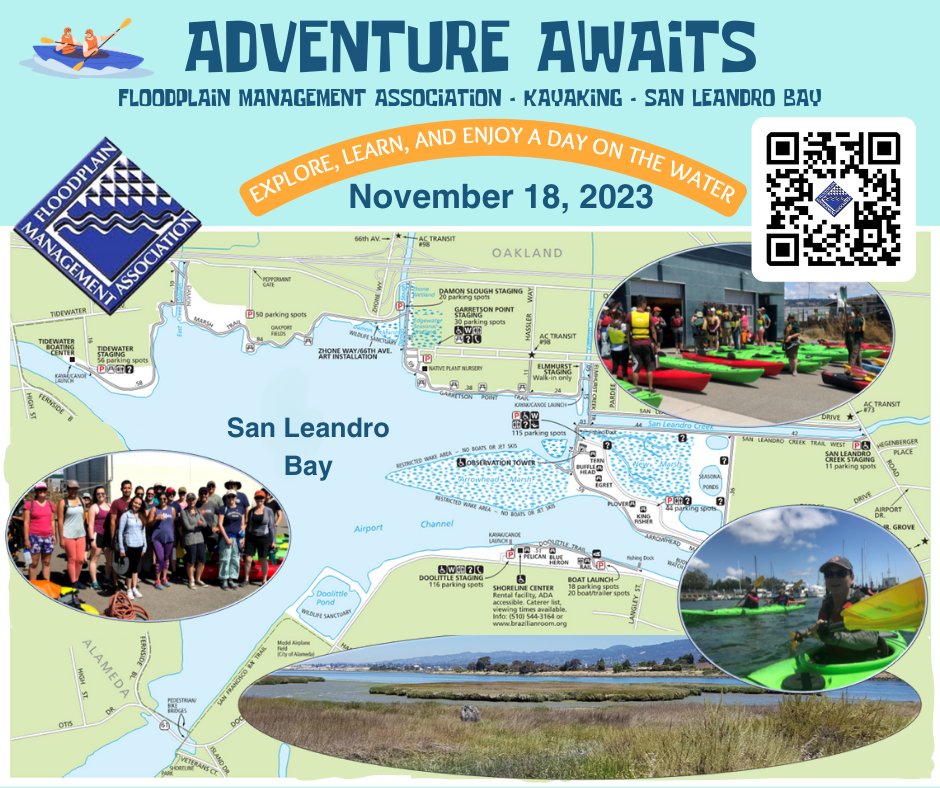 GeronimoEng's tweet image. The 2nd FMA DO-LEARN kayaking event is planned for San Leandro Bay in Oakland, CA, Saturday, November 18, 2023, from 10 am to 2 pm. Use QR to Register.