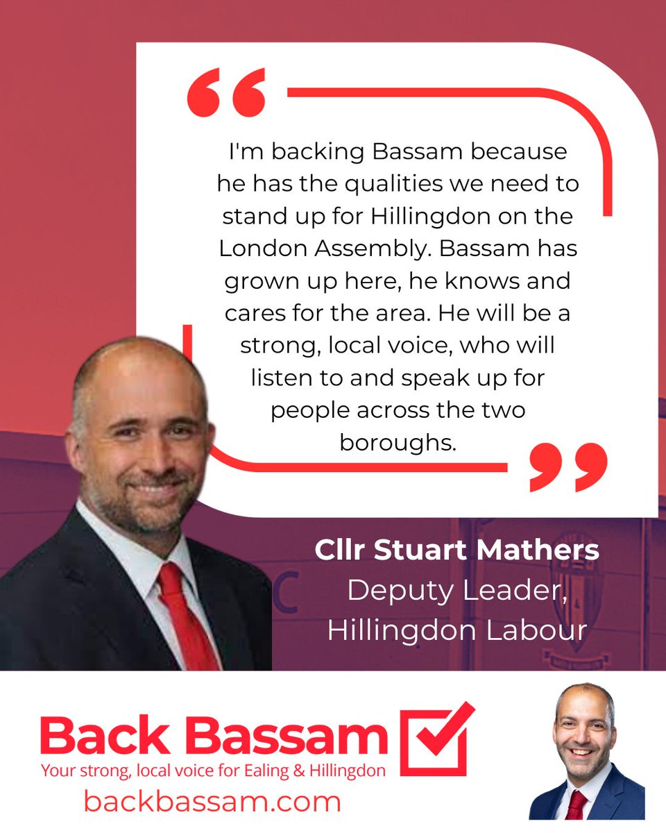 Having grown up across Northolt & Hayes, it means a lot to get the backing of @HillingdonLab 's brilliant Deputy Leader @CllrMathers . Stuart is ambitious, engaging and genuinely cares about making Hillingdon borough a better place. Thank you! #BackBassam backbassam.com