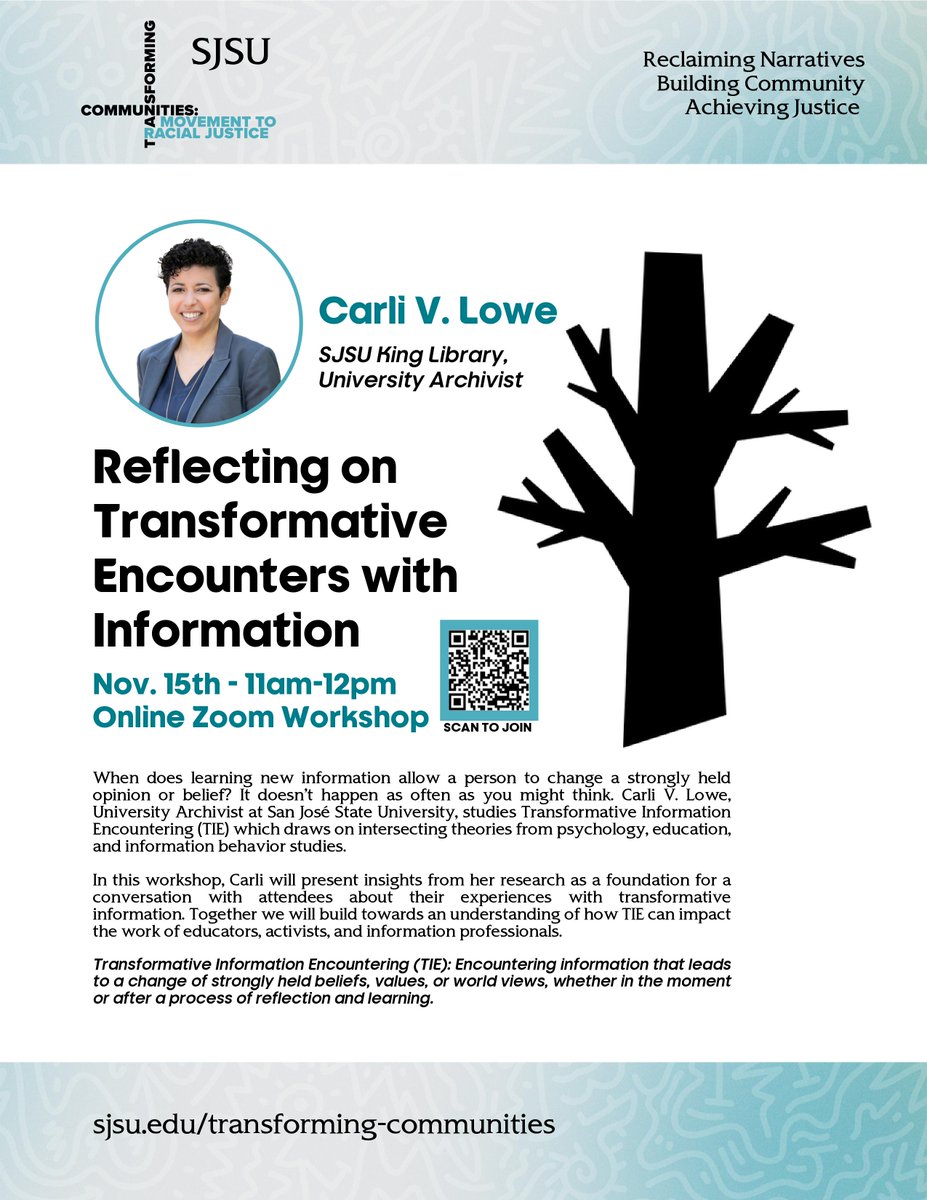 Join #transformingcommunities23 for "Reflecting on Transformative Encounters with Information" with Carlie Lowe <a href="/SJSULIBRARY/">SJSU King Library</a> University Archivist, virtually on Nov 15 at 11am-12pm. Register @ sjsu.edu/transforming-c…