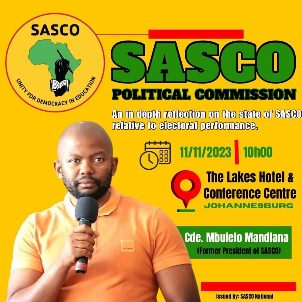 SascoNational's tweet photo. SASCO POLITICAL COMMISSION

🕘 : 10H00
📅 : 11/11/2023
📍 : The Lakes Hotel &amp; Conference centre

SASCO RTLC 2024 NEC WORKSHOP

🕘 : 17H00
📅 : 11/11/2023
📍 : The Lakes Hotel &amp; Conference centre

#SASCO32 https://t.co/VjEVC3CKUD