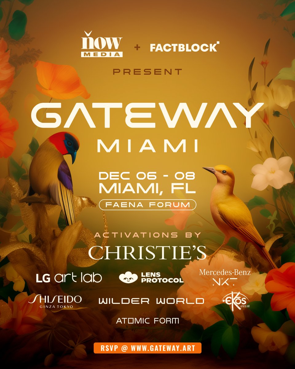 We're excited to announce our amazing partners for Gateway Miami 🌀🌴 Presented by @nowmedia & @FACTBLOCK - @ChristiesInc - @LGArtLab - @LensProtocol - @MercedesBenzNXT - @SHISEIDO_USA - @WilderWorld - @EkosGenesis - @atomicform Request an invite → gateway.art