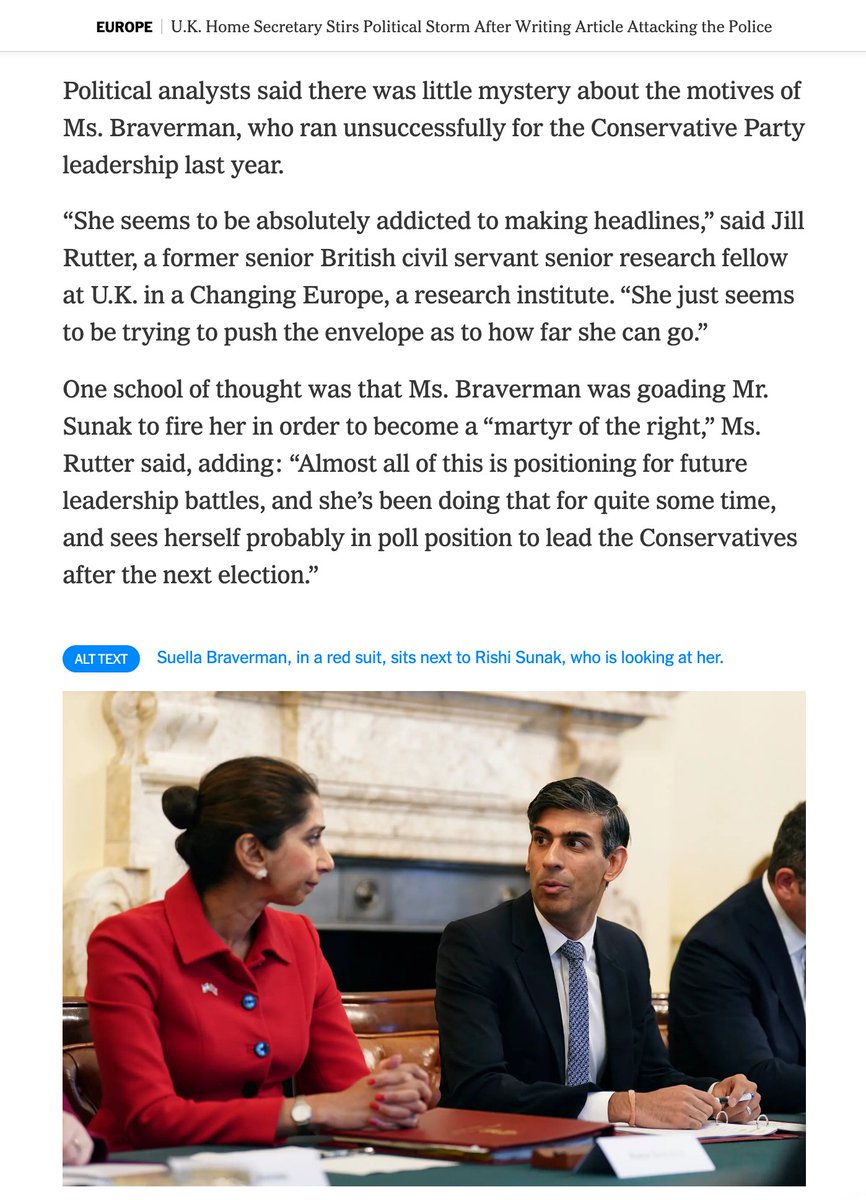 What is @SuellaBraverman up to? 'Almost all of this is positioning for future leadership battles,' @jillongovt tells @_StephenCastle nytimes.com/2023/11/09/wor… (gift link)