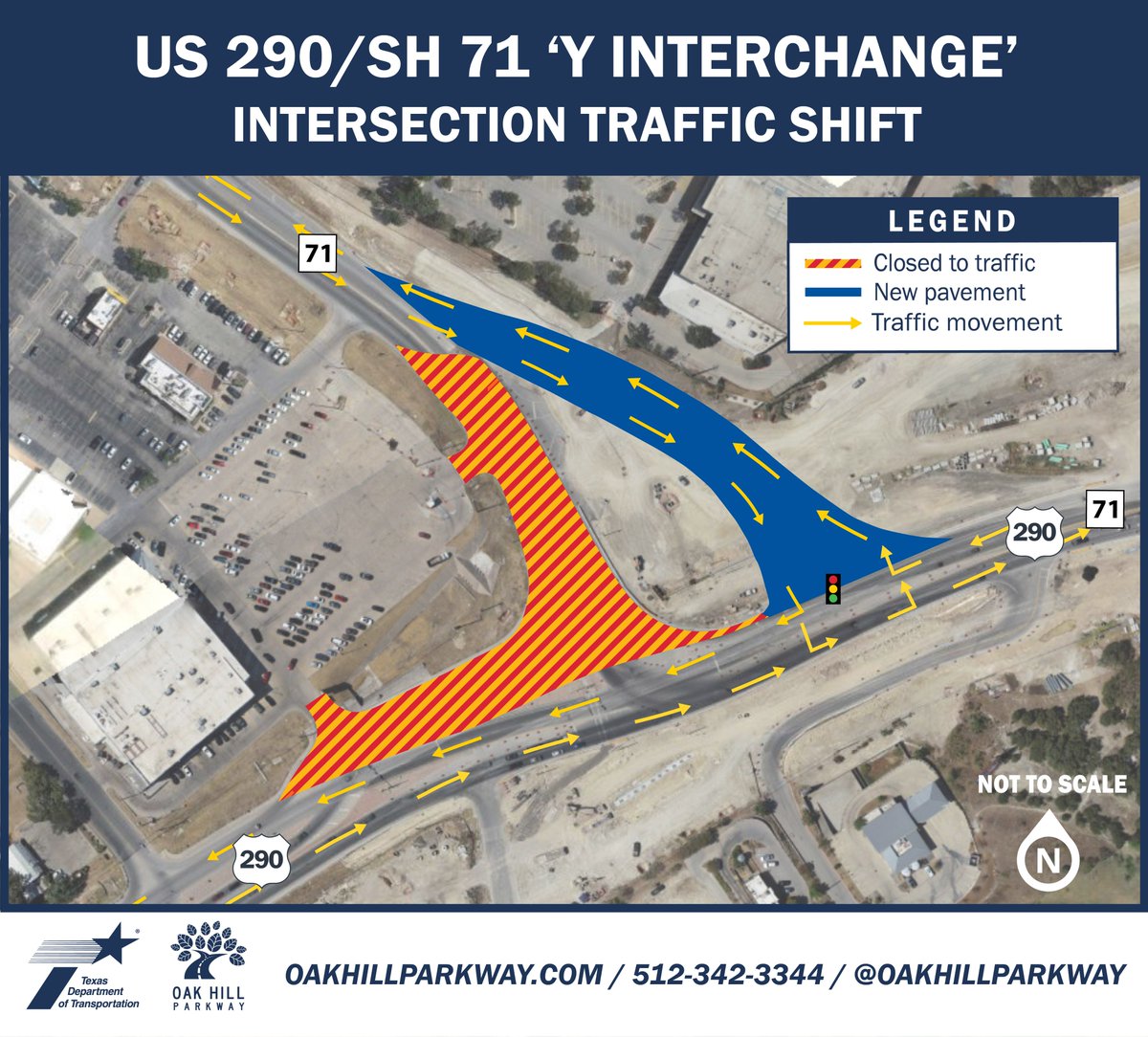 OakHillParkway's tweet image. Traffic Pattern Change Overnight. Tonight, SH 71 lanes shift east at the ‘Y’ Interchange. The left-turn lane on eastbound US 290 to westbound SH 71 will shift next to the through lanes. #atxtraffic