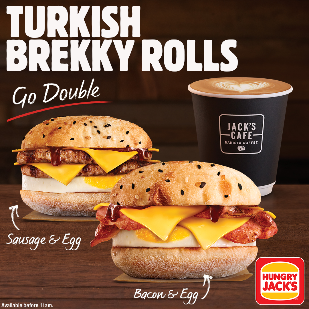 DOUBLE UP on flavour with our NEW Double Turkish Brekky Rolls, only at Hungry Jack’s! ☀️ Bite into a delicious hand-stretched Turkish Roll stacked with 2x sizzling bacon or 2x flame grilled sausage patties! Ends 11am.