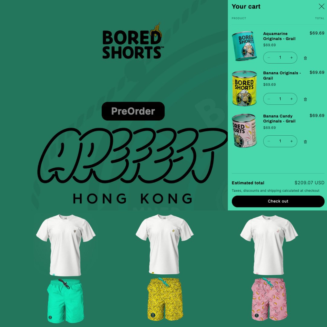 Pre-Order Now - only 27 🍌 pairs remain 👀

Link in bio 👆

3 designs, each limited to a supply of 99 &amp; canned to collect. 

Every genesis can includes

🍌 Bored Shorts
🍌 T-Shirt
🍌 NFT 👀🤔

Only $69.69 while they last