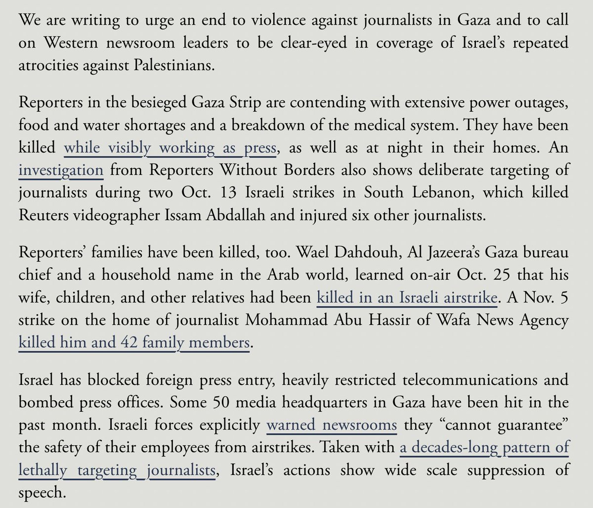 i am among 600+ journalists urging an end to the killing of gaza journalists and their families. we are also calling on western newsrooms to immediately address failures in coverage of israeli atrocities against palestinians. read and sign our statement: protect-journalists.com