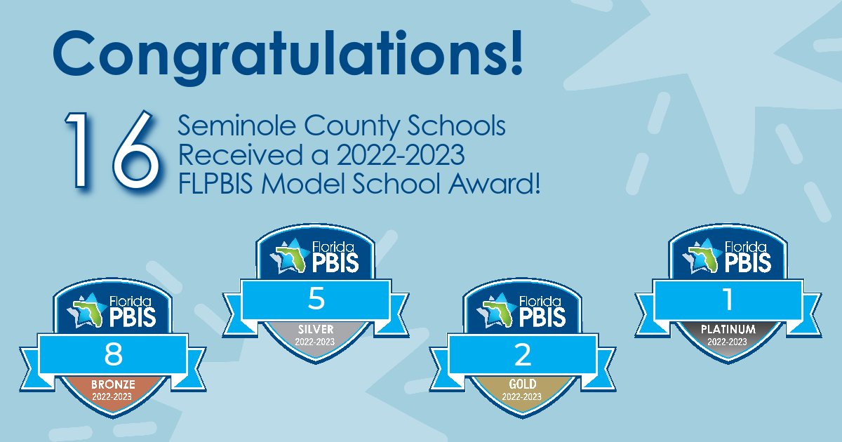 Congratulations to <a href="/SCPSInfo/">SCPS Info</a> for supporting 16 schools to become FLPBIS Model Schools in 2022-2023! <a href="/PJHagertyHS/">HagertyHS</a>, <a href="/ITMStrailblazer/">Indian Trails Middle</a>, <a href="/LMHSRams/">LakeMaryHighSchool</a>, <a href="/SterlingParkFL/">Sterling Park</a>, <a href="/WilsonElemBUZZ/">Wilson Elementary</a>