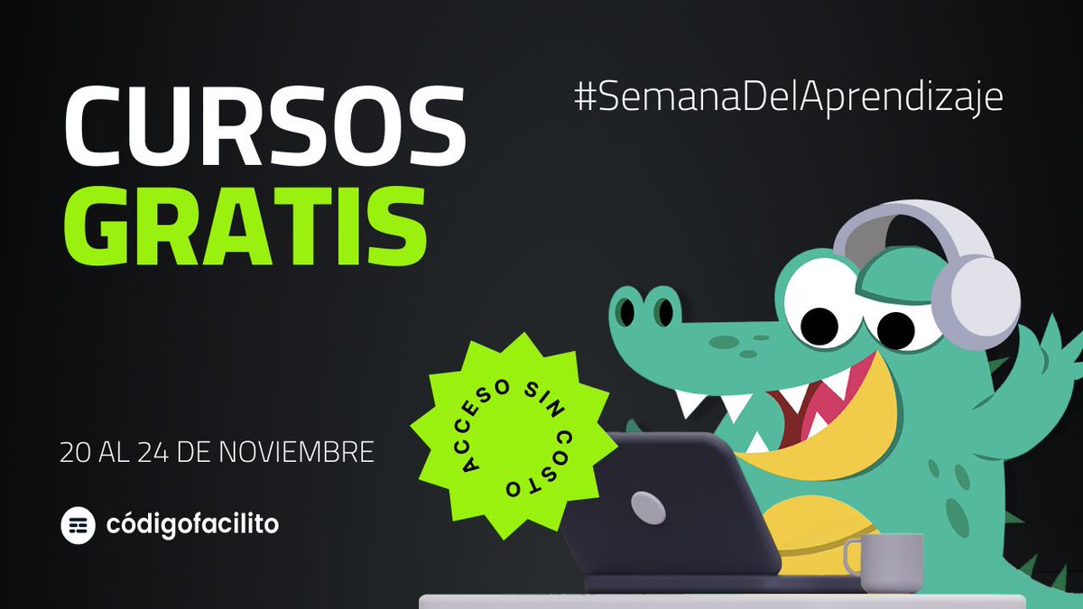 codigofacilito's tweet image. ¡Anunciando la #SemanaDelAprendizaje 2023! 🐊 
💚 TODOS LOS CURSOS GRATIS del 20 - 24 de Noviembre:
codigofacilito.com/gratis 

✨ Ya puedes registrarte
✅ Incluye certificados sin costo si completas el curso
📼 Incluye acceso a Bootcamp Replays
