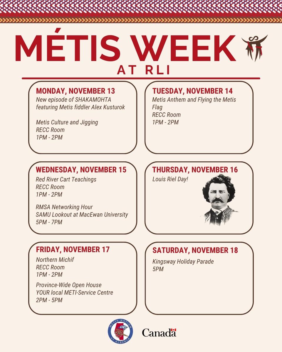 '🎉 Get ready to celebrate Métis Week at RLI! 🌟 Join us for a week of culture, connection, and community. Let's make this Métis Week memorable! #MétisWeek #RLI #NetworkingEvent #OpenHouse #KingswayHolidayParade