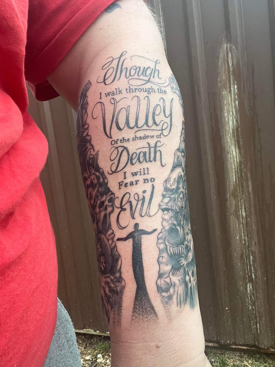 JohnTheCraftman's tweet photo. I just learned that a third stranger got my Shadow Valley inked on. People reach out to me when they do this, which I appreciate. It’s cool to see how the tattooists brought their own style into it. Apparently this piece resonates with people. #tattoo #shadowvalley https://t.co/tPJrZAfxBo