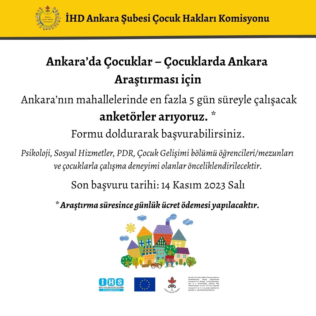 📢Ankara’da Çocuklar – Çocuklarda Ankara araştırması için Ankara’nın mahallelerinde en fazla 5 gün süreyle çalışacak anketörler arıyoruz.  Araştırma süresince günlük ücret ödemesi yapılacaktır.

Son başvuru tarihi: 14 Kasım 2023 Salı
Başvuru formu: forms.gle/77ns99UroVRAxX…