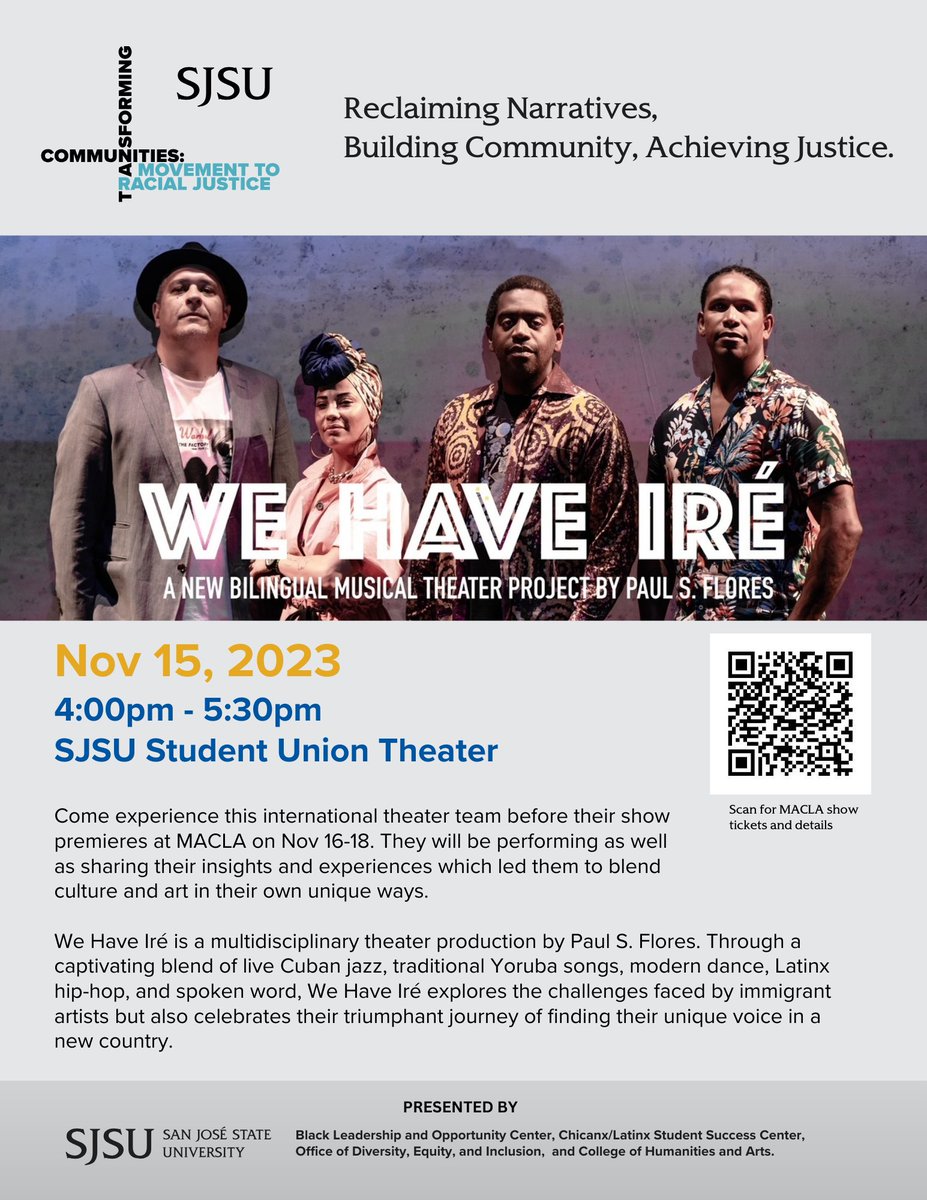 Join #transformingcommunities23 for  a new bilingual theater project by Paul S. Flores "We Have Ire" on Nov 15 from 4-5:30 pm in the <a href="/SJSU/">San José State University</a> student union theater! Learn more about the event at sjsu.edu/transforming-c…