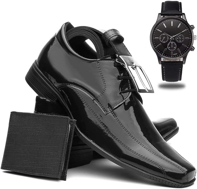 Sapato Social Masculino Verniz + Cinto + Carteira + Relógio