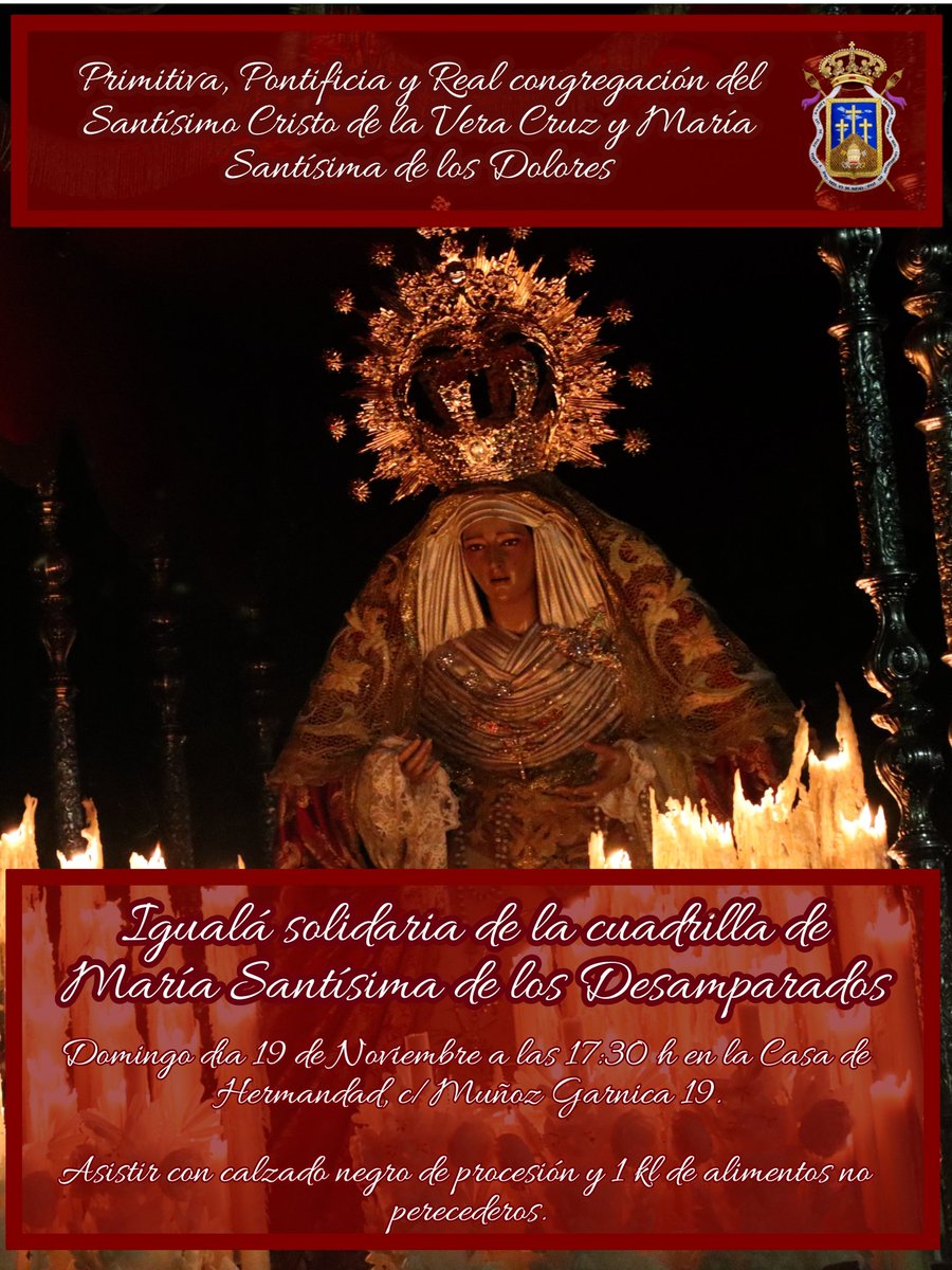 Igualá de la cuadrilla de María Santísima de los Desamparados.

🗓️ Domingo 19 de Noviembre 
🕙17:30 h
🏠Casa de hermandad C/Muñoz Garnica 19 bajo
#veracruzjaen #Desamparadosjaen